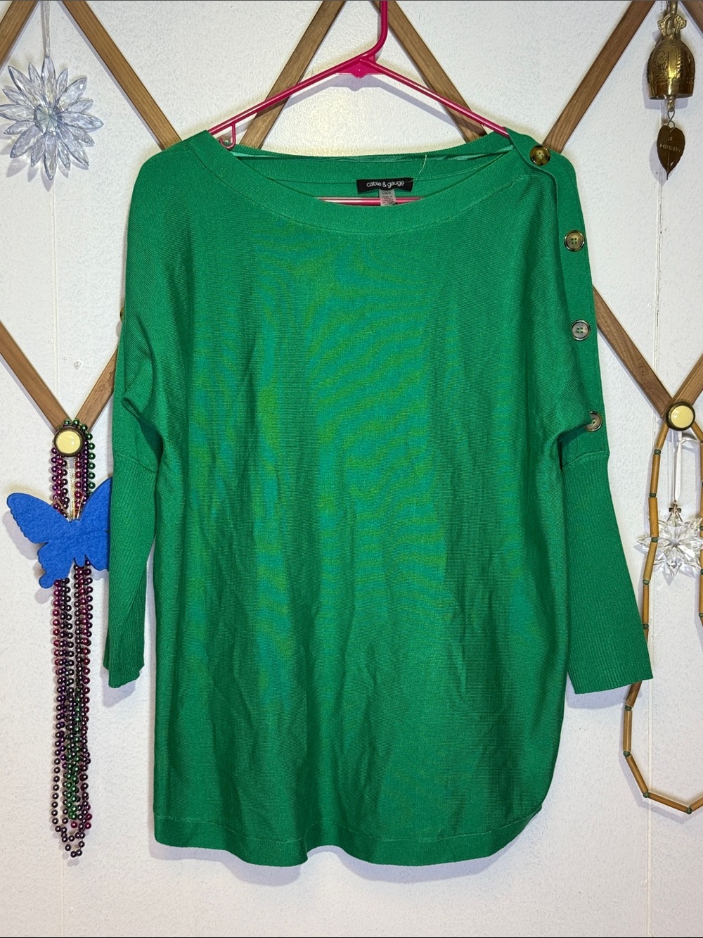 Cable & Gauge Emerald Green Boatneck Sweater with Shoulder Buttons